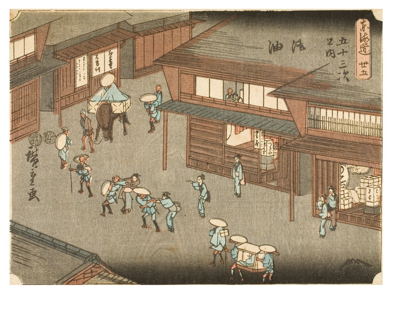 Goyu. Frauen halten Reisende auf der Straße an. Aus der Serie Die dreiundfünfzig Stationen des Tokaido, um 1847-1852 von Ando or Utagawa Hiroshige