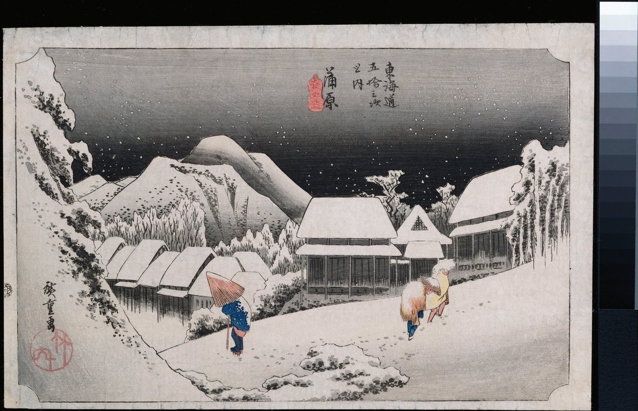 Nachtschnee, Kambara, aus der Serie "Die dreiundfünfzig Stationen des Tokaido" von Ando or Utagawa Hiroshige