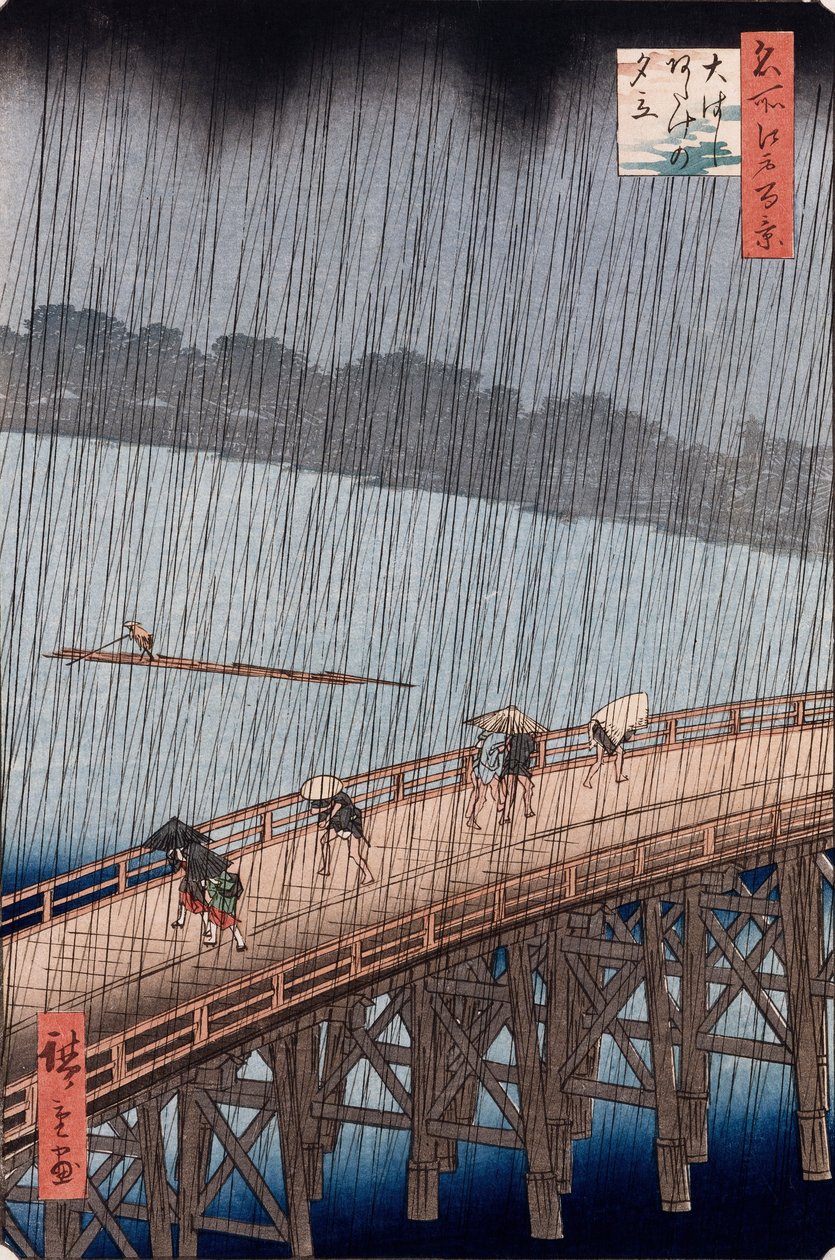 Ohashi, plötzlicher Regenschauer bei Atake, aus der Serie "Hundert Ansichten berühmter Orte in Edo" von Ando or Utagawa Hiroshige
