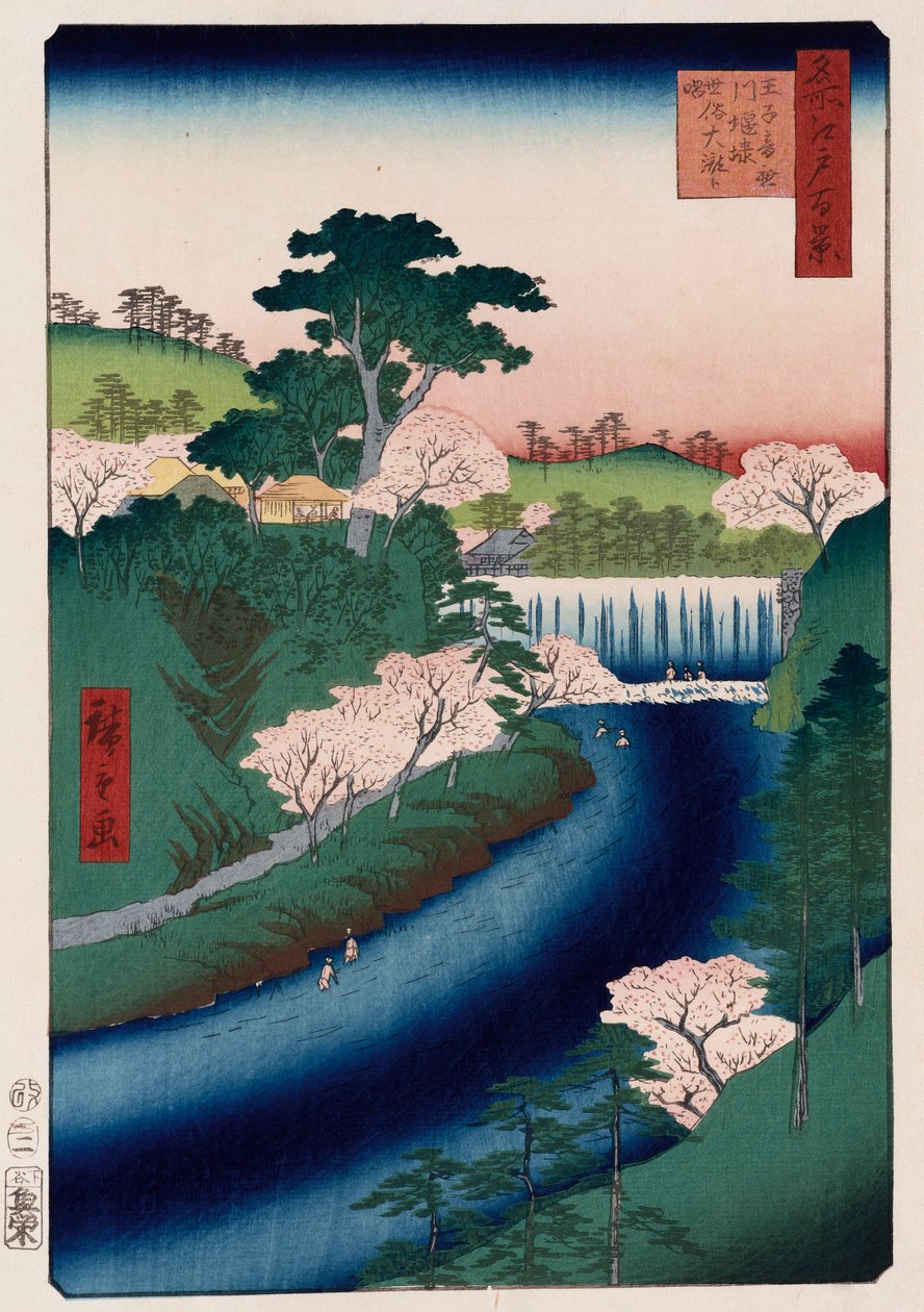 Otonashi-Flussdamm, Oji, volkstümlich genannt Großer Wasserfall, aus der Serie „Hundert Ansichten berühmter Orte in Edo“ von Ando or Utagawa Hiroshige