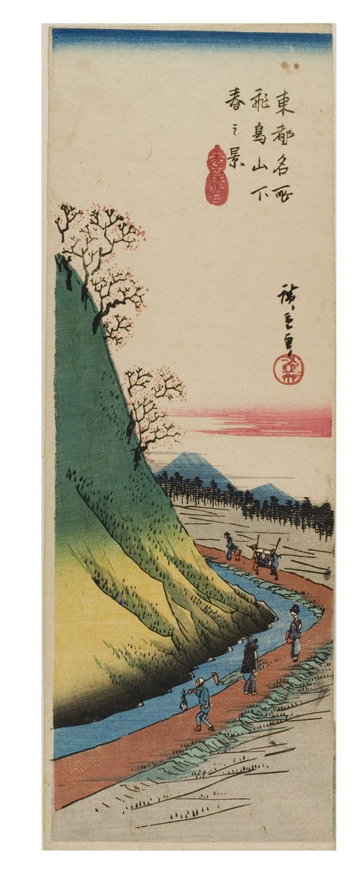 Frühlingsansicht am Fuße des Asuka-Hügels aus der Serie Berühmte Ansichten der östlichen Hauptstadt, ca. 183-1838 von Ando or Utagawa Hiroshige