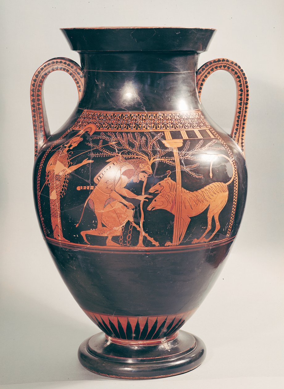 Attische rotfigurige Bauchamphore, die Herakles bei der Gefangennahme von Kerberus zeigt, griechisch, aus Athen, 6. Jahrhundert v. Chr. von Andokides Painter