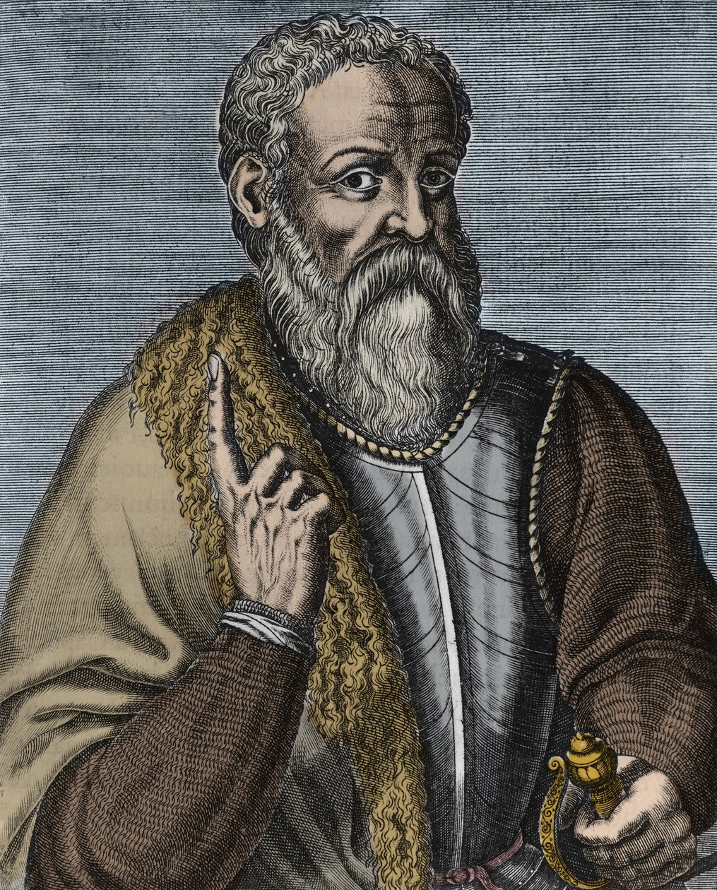 Hernando Cortez oder Cortes (1485-1547) spanischer Konquistador, Gravur nach Andre Thevet (1516-1590) - Porträt des Konquistadors Hernan (oder Hernando) Cortes oder Fernand Cortez (1485-1547) von Andre (after) Thevet