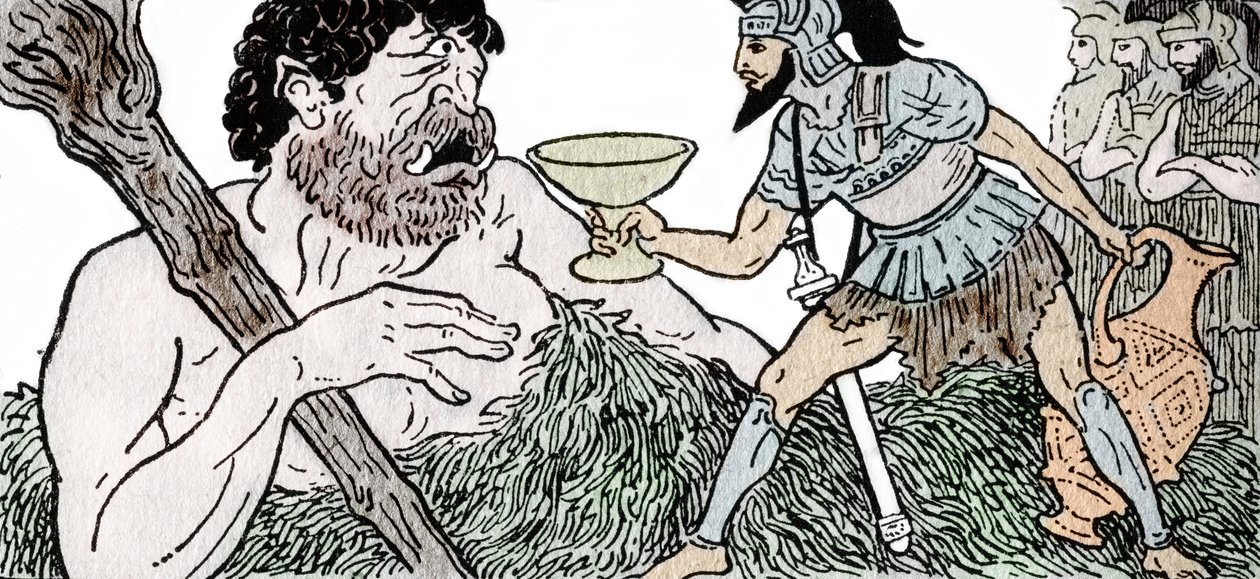 Odyssee von Homer: Odysseus bietet Polyphem, dem Zyklopen, einen Becher Wein an von Andre Bonamy