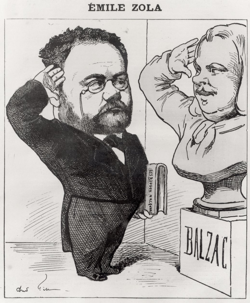 Karikatur von Emile Zola (1840-1902), der eine Büste von Honore de Balzac (1799-1850) salutiert, 1878 von Andre Gill