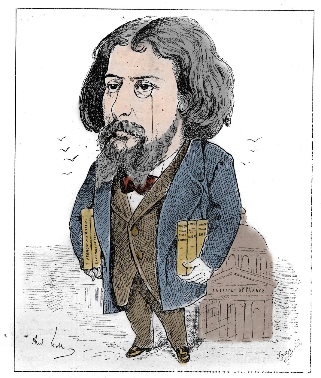 Karikatur von Alphonse Daudet (1840-1897), einem französischen Schriftsteller, dargestellt mit seinen Büchern und seinem Monokel vor dem Institut de France in Paris. Zeichnung von André Gill. Gravur in „Le Monde Illustré“. von Andre Gill