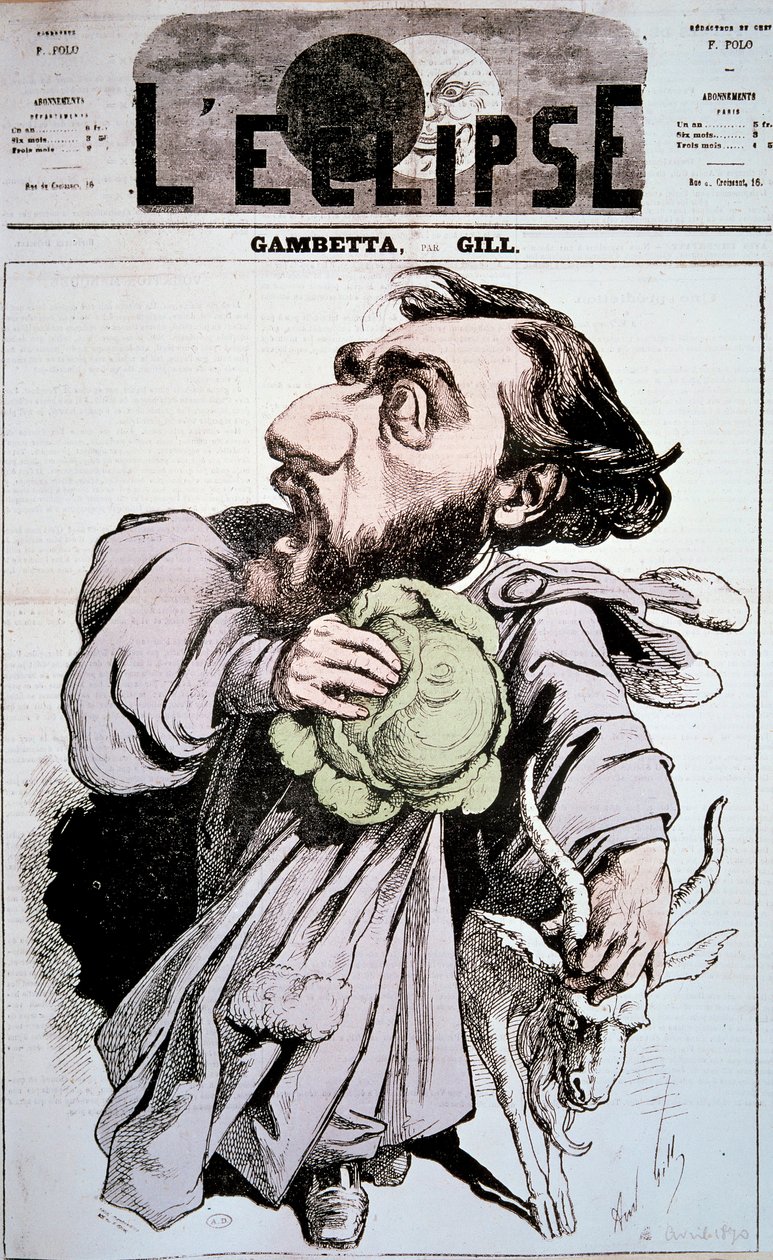 Karikatur von Leon Gambetta (1838-1882), ein französischer Politiker. Zeichnung von Andre Gill (1840-1885) in L