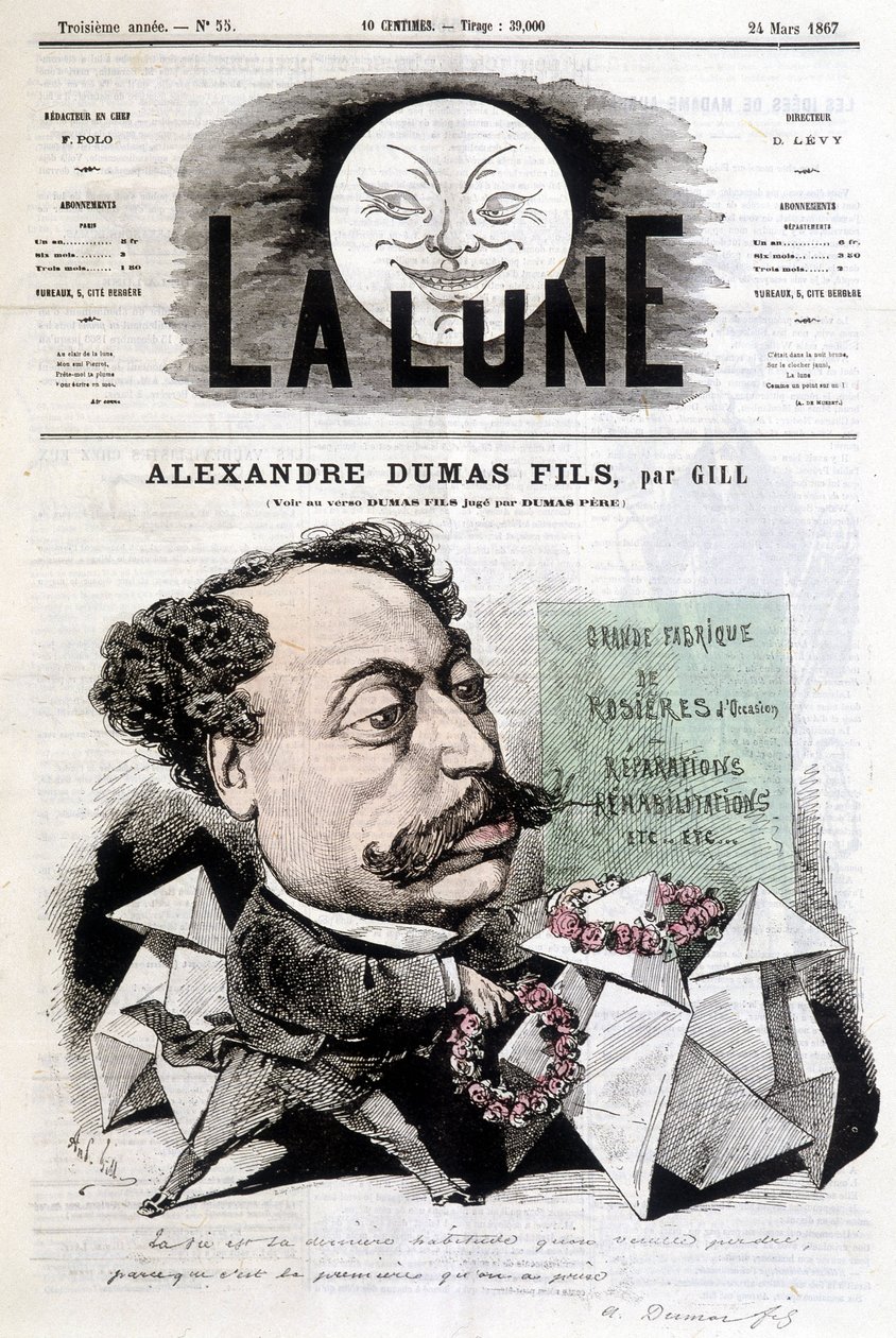 Komische Zeichnung über Alexandre Dumas Fils von Gill. Titelblatt „La Lune“ vom 24/03/1867. von Andre Gill