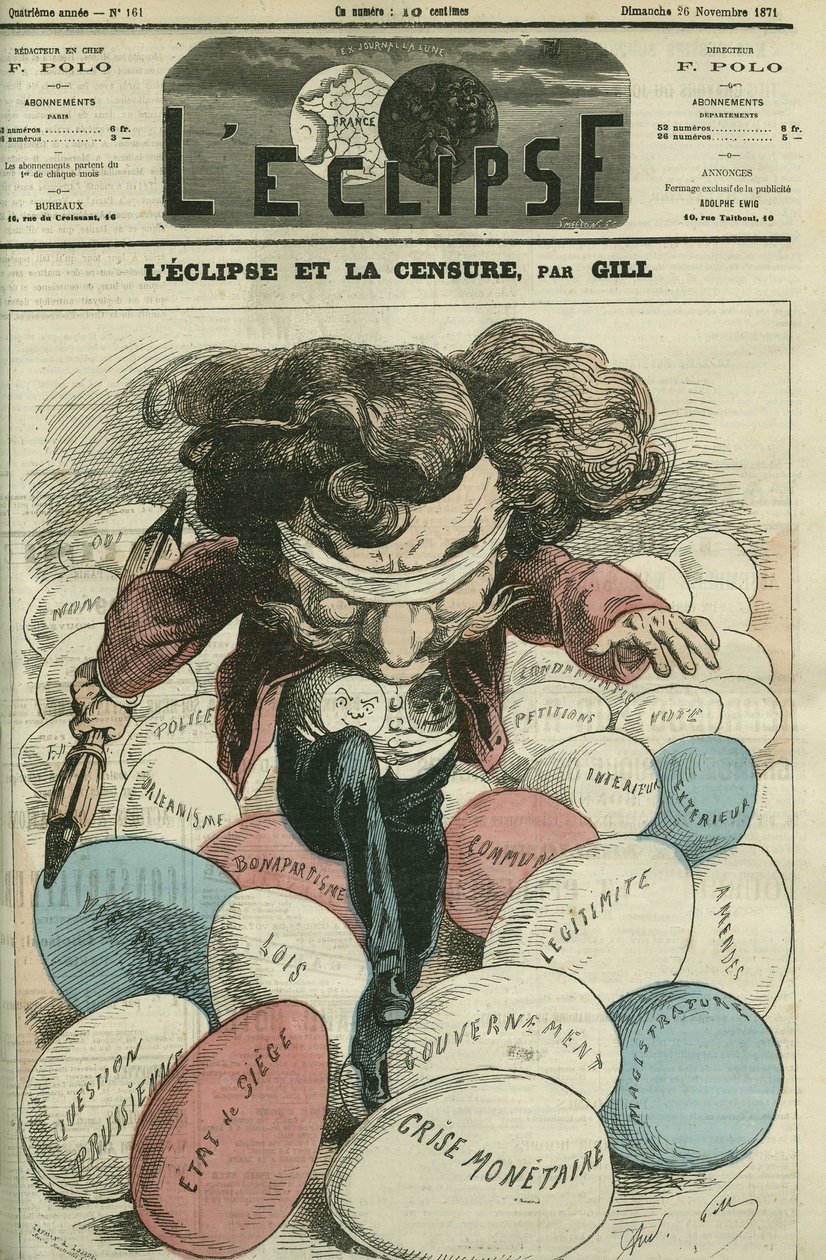 Eclipse und Zensur, eine Illustration von Gill, der auf Eiern geht. Titelblatt in „L