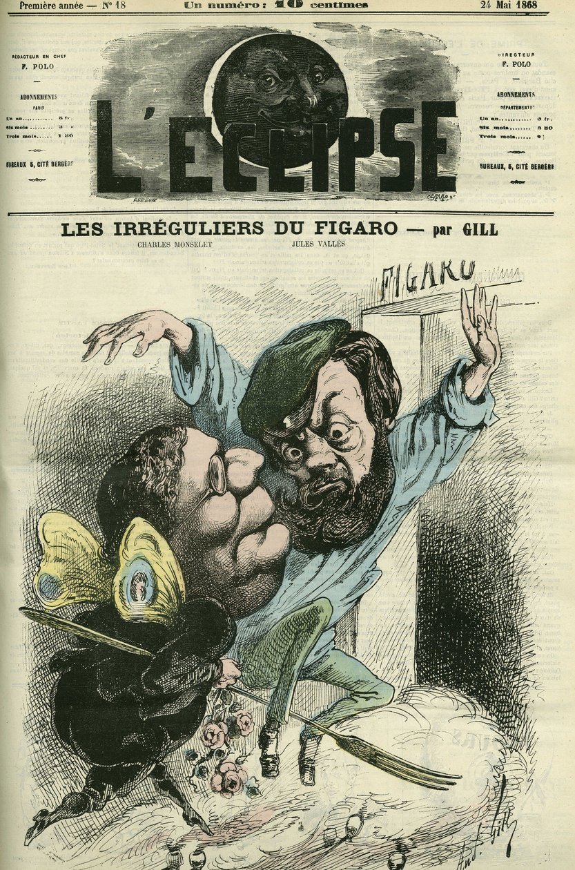 Les irreguliers du Figaro, eingetragen im Tagebuch von Charles Monselet (1825-1888) und Jules Valles (1832-1885). Titelblatt in „L