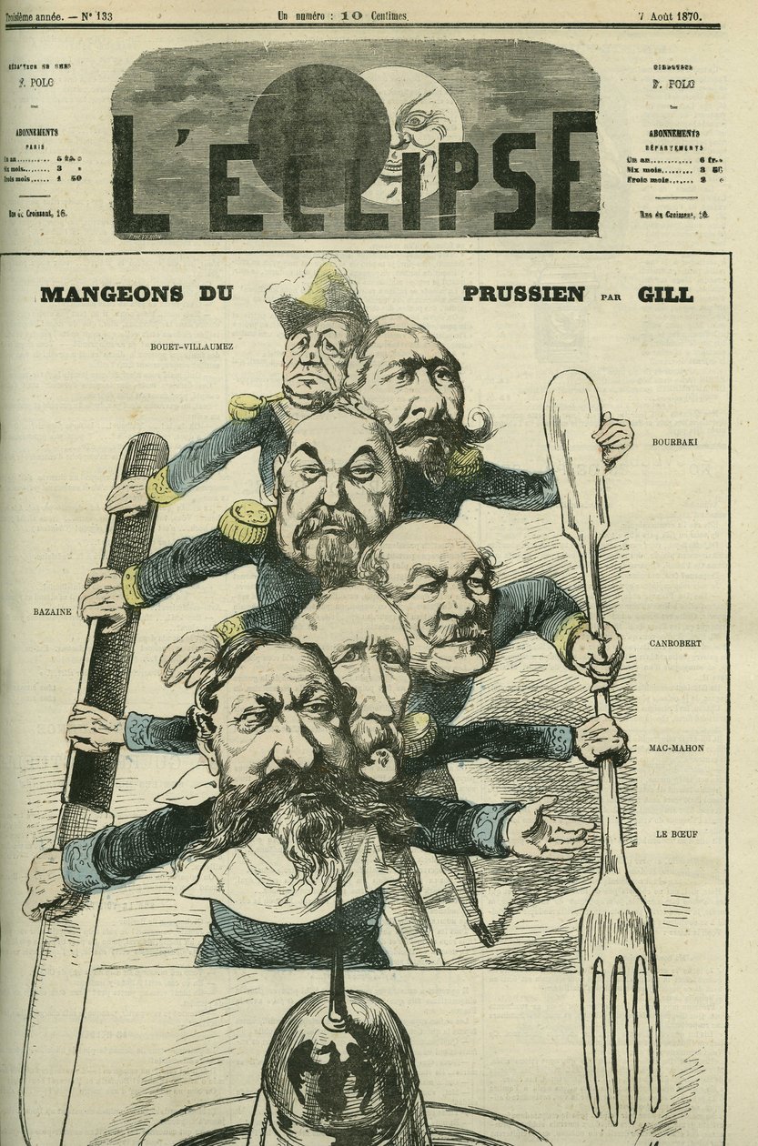 Lasst uns Preußen essen mit den Generälen Le Boeuf (1806-1893), Mac-Mahon (1808-1893), Francois Achille Bazaine (Francois-Achille von Andre Gill