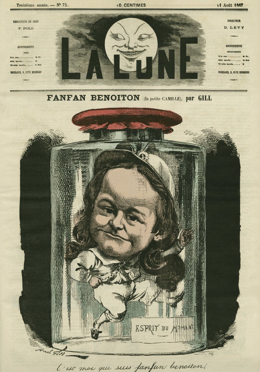 Porträt von Camille Schelter, Schauspielerin in der Rolle von Fanfan Benoiton. Karikatur von Gill, in „The Moon“, 11. August von Andre Gill