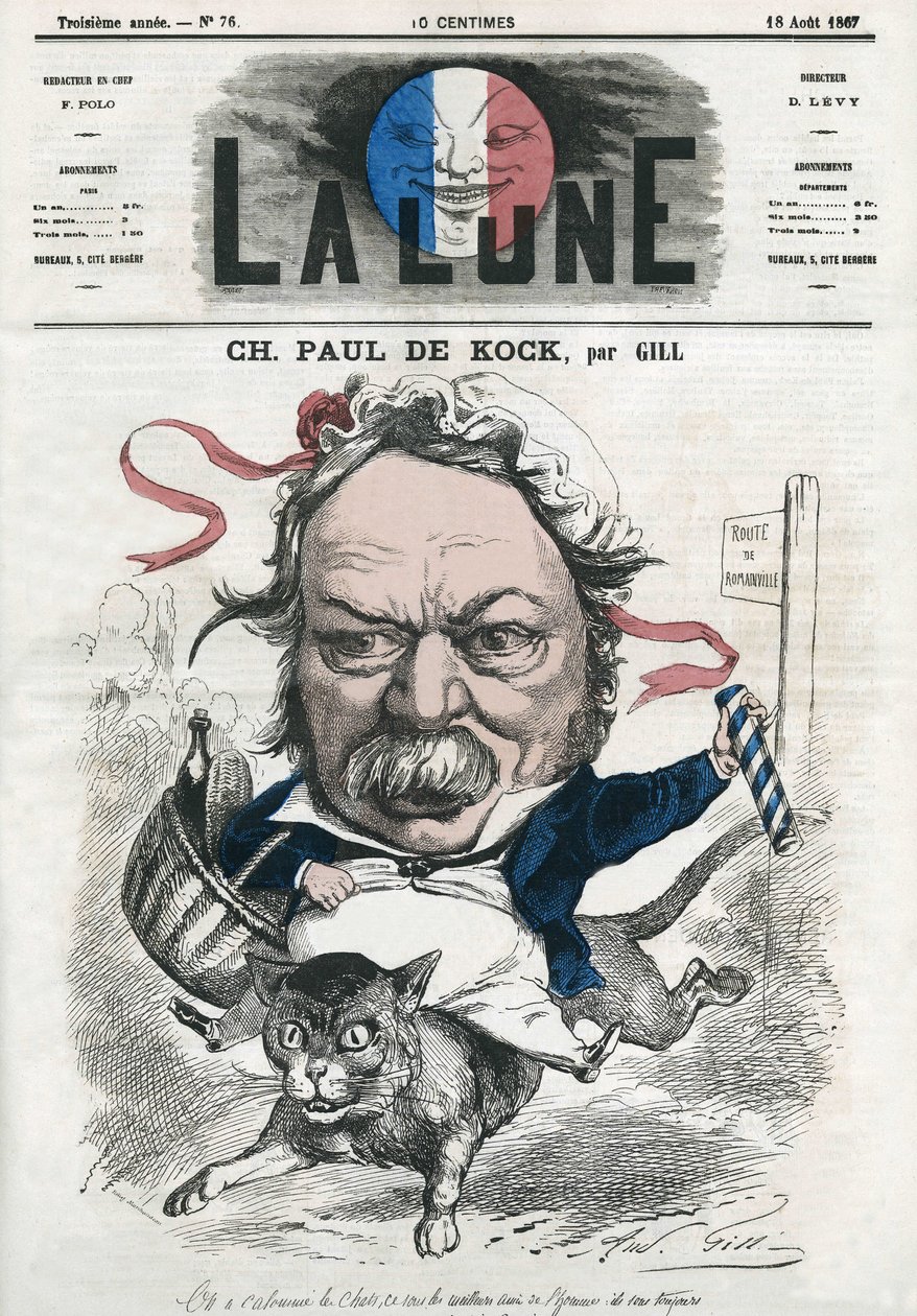 Porträt von Charles Paul de Kock (1793-1871), französischer populärer Romanautor. Karikatur von Gill, in „The Moon“, 18. August von Andre Gill