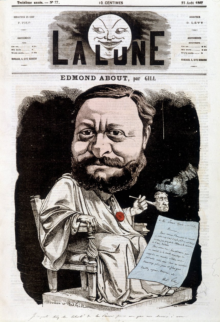 Porträt von Edmond About, französischer Schriftsteller (1828-1885). In La Lune, 25/08/1867. Karikatur von Gill von Andre Gill