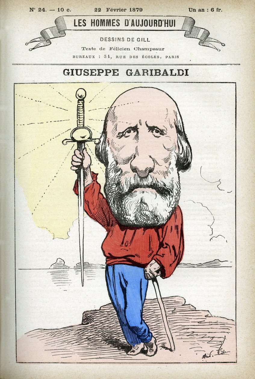 Porträt von Giuseppe Garibaldi (1807-1882), italienischer Politiker. Karikatur von Gill, in „Les Homme d