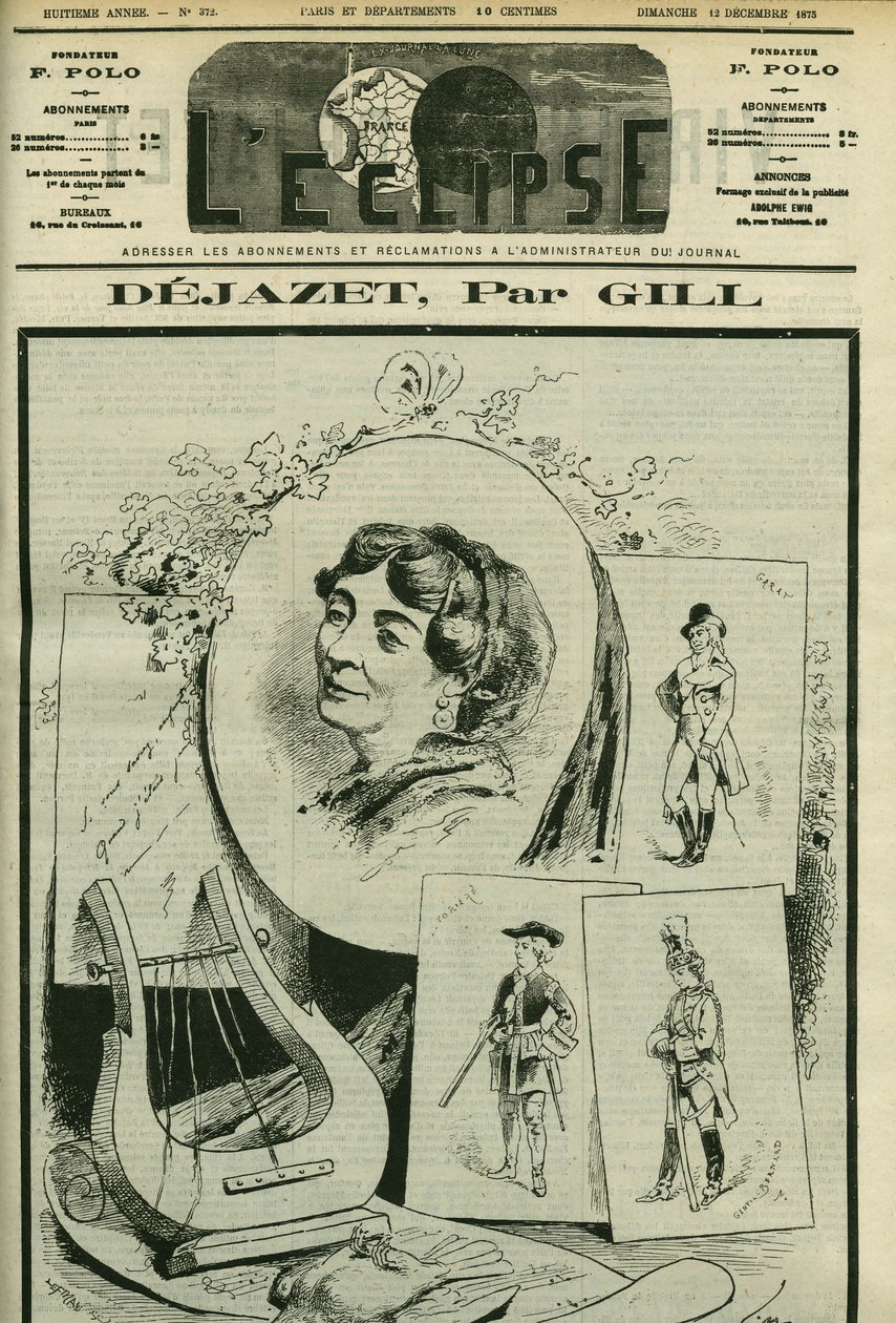 Hommage und Porträt von Virginie Dejazet (1797-1875), Opernkomikerin. Titelblatt in „L