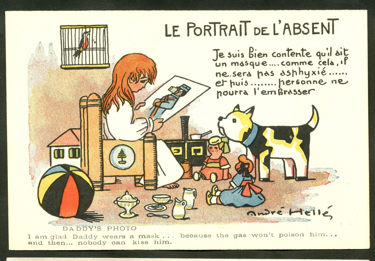 Postkarte, Farb-Satire: Das Porträt des Abwesenden - Krieg von 14-18, Kinderillustration von Andre Helle (1875-1945) von Andre Helle
