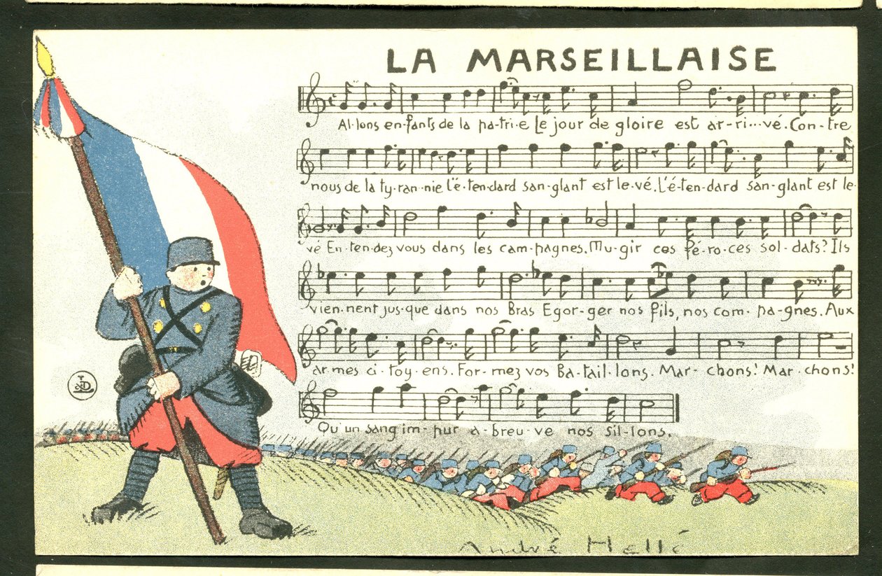 Postkarte, satirisch in Farben: La Marseillaise - Krieg von 14-18, Marseillaise, singende Illustration von Andre Helle (1875-1945) von Andre Helle