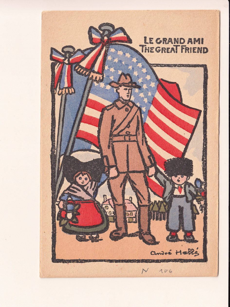 Postkarte, Satirisch in Farben: Le grand ami der große Freund - Krieg von 14-18, Amerika, Elsass-Lothringen Illustration von Andre Helle (1875-1945) von Andre Helle