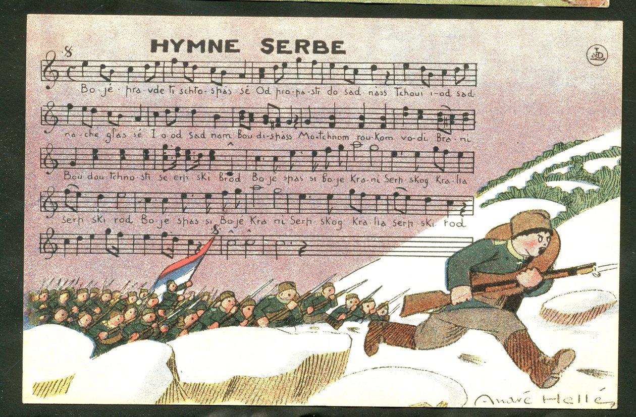 Postkarte, satirisch in Farben: Serbische Hymne - Krieg von 14-18, Lied, Serbien - Soldaten Illustration von Andre Helle (1875-1945) von Andre Helle