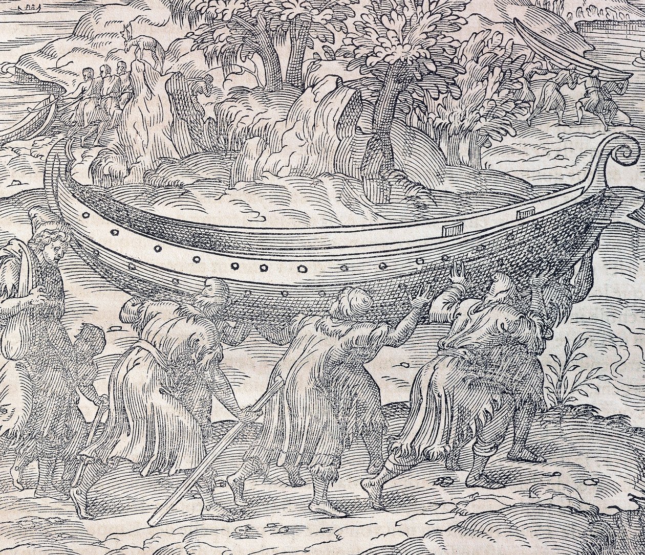 Lappen tragen ihre Boote von einem Ort zum anderen, Stich aus Universal Cosmology, von Andre Thevet, Paris von Andre Thevet