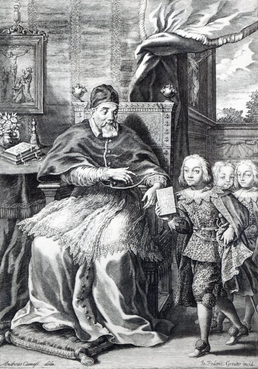 Papst Urban VIII. mit seinen Neffen, graviert von Johann Friedrich Greuter von Andrea Camassei