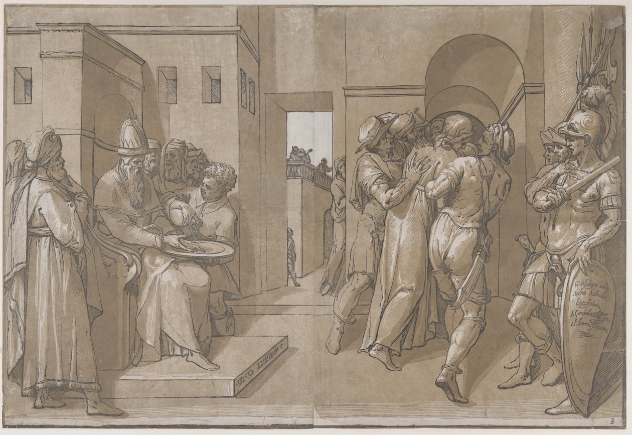 Christus wird weggeführt, Soldaten stehen auf der rechten Seite des Blattes, 1585 von Andrea Andreani