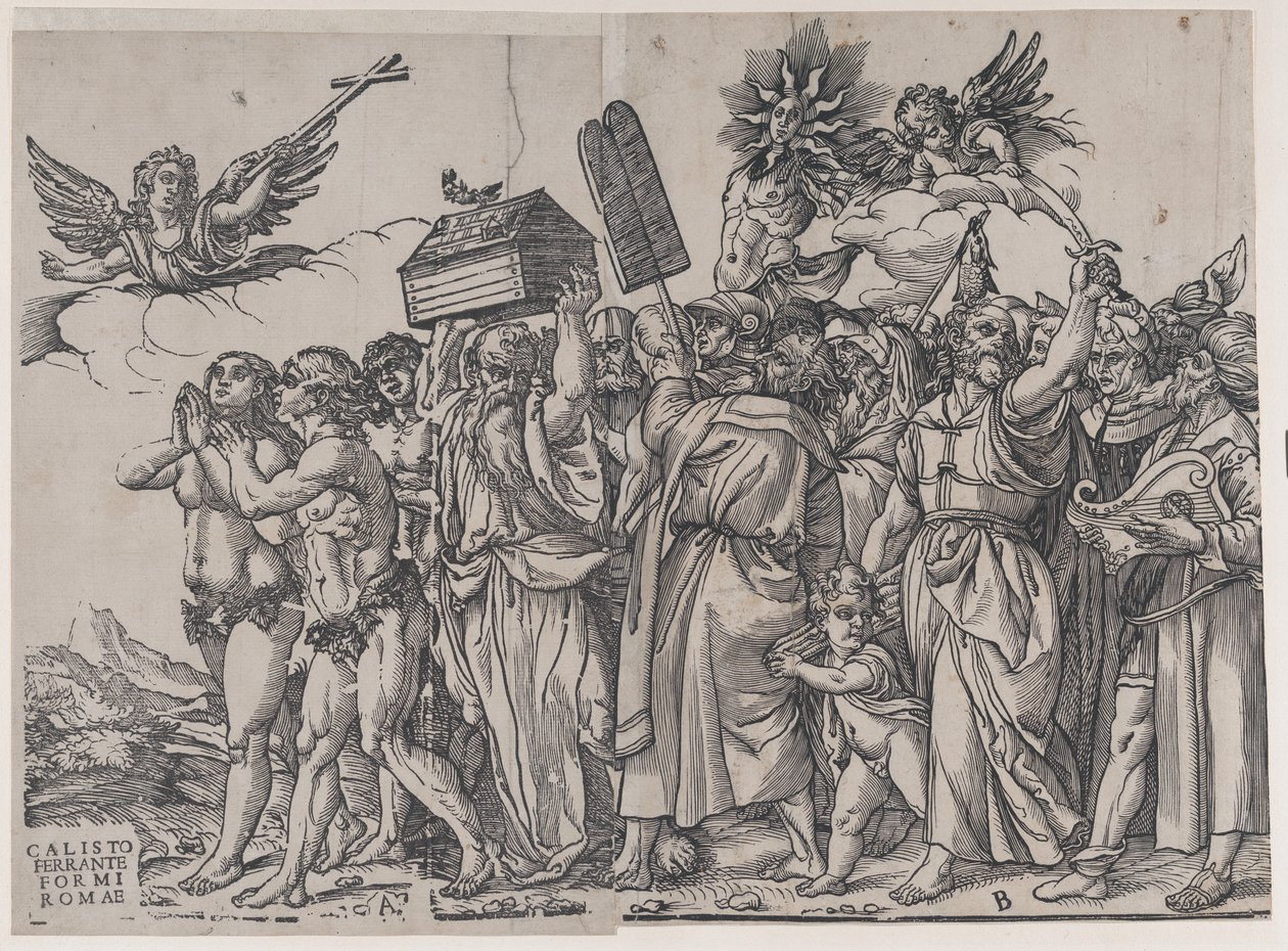 Abschnitt A: ein Engel, der ein Kreuz hält, oben links, Adam und Eva unten, aus Der Triumph von..., 1836 von Andrea Andreani