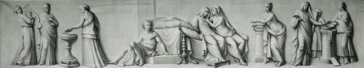 Ein Grisaille-Panel, das Szenen basierend auf der Aldobrandini-Hochzeit darstellt von Andrea Casali