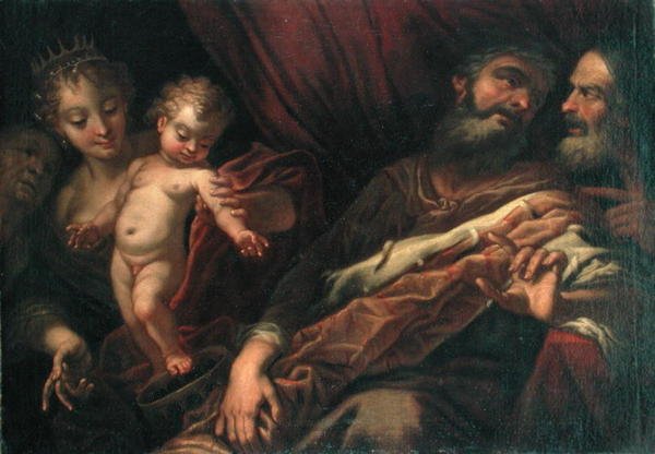 Der kleine Moses steht auf der Krone des Pharao von Andrea Celesti