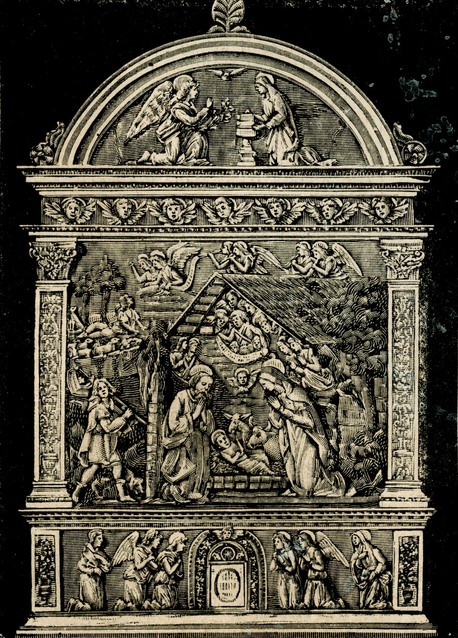 Geburt Christi, Terrakotta-Altarbild von Andrea della Robbia, aus der Kirche der Heiligen Klara, Städtisches Museum von Sansepolcro, Toskana, Italien, Holzschnitt aus Le cento città d