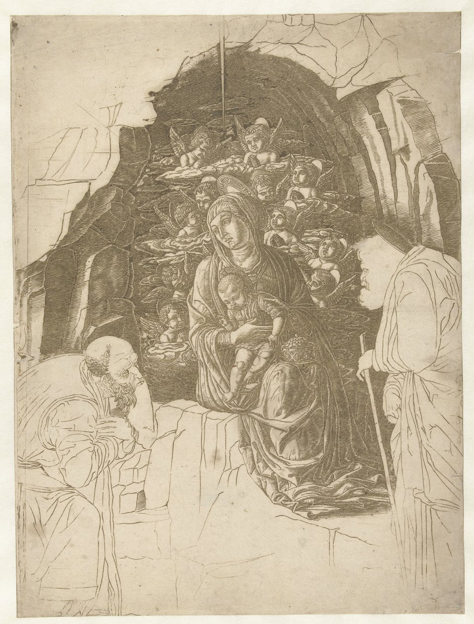 Maria mit Kind umgeben von Engeln in einer Grotte mit Josef und König in Anbetung von Andrea Mantegna (school of)