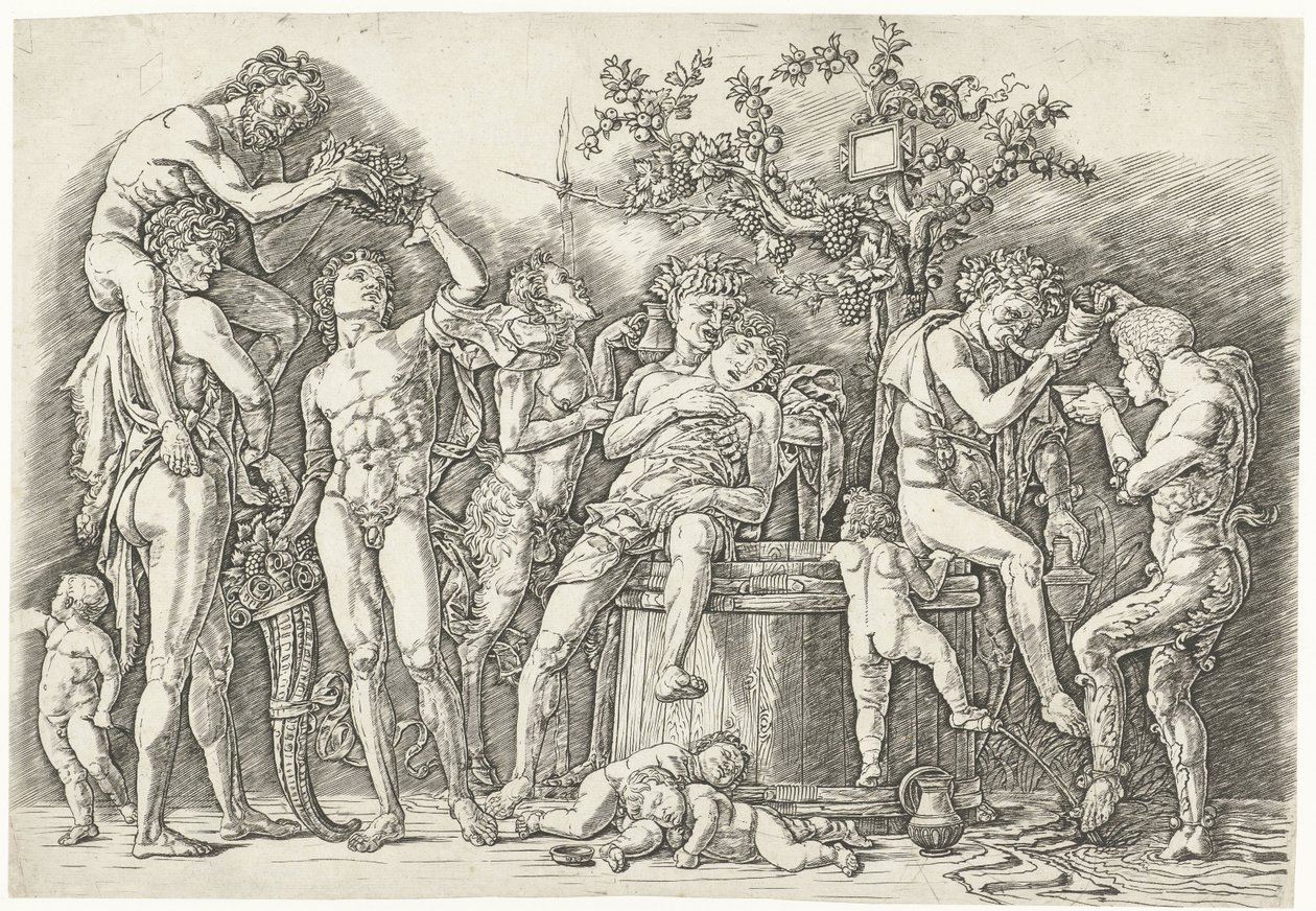 Bacchanal mit Satyrn und Bacchantinnen bei der Weinpresse von Andrea Mantegna
