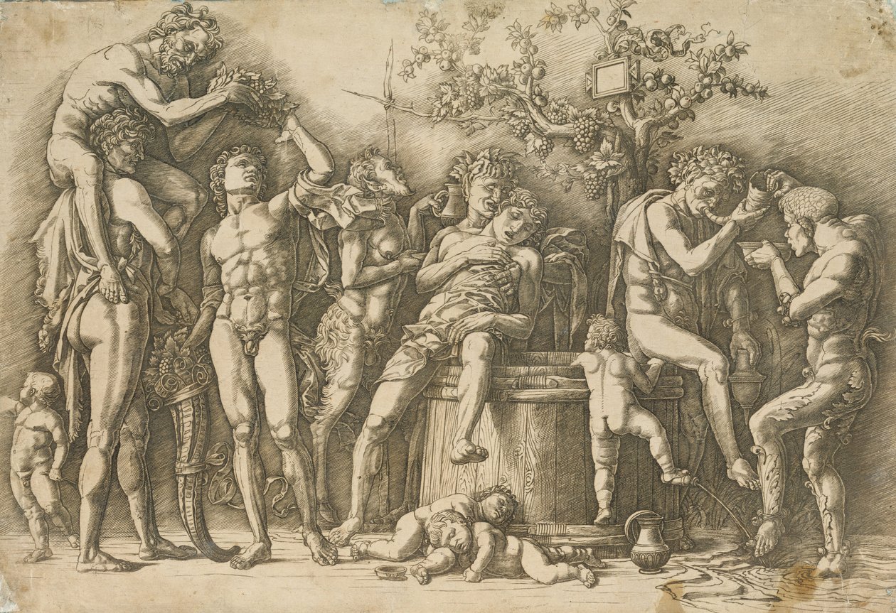 Bacchanal mit einem Weinfass, ca. 1470-90 (Gravur und Kaltnadelradierung) von Andrea Mantegna