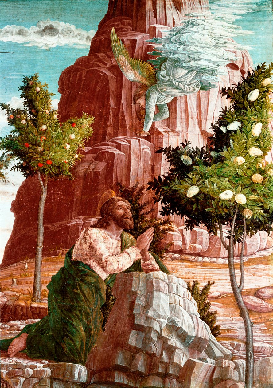 Christus betet im Garten Gethsemane. Detail. Predella des Altars von San Zeno in Verona. Gemälde von Andrea Mantegna von Andrea Mantegna