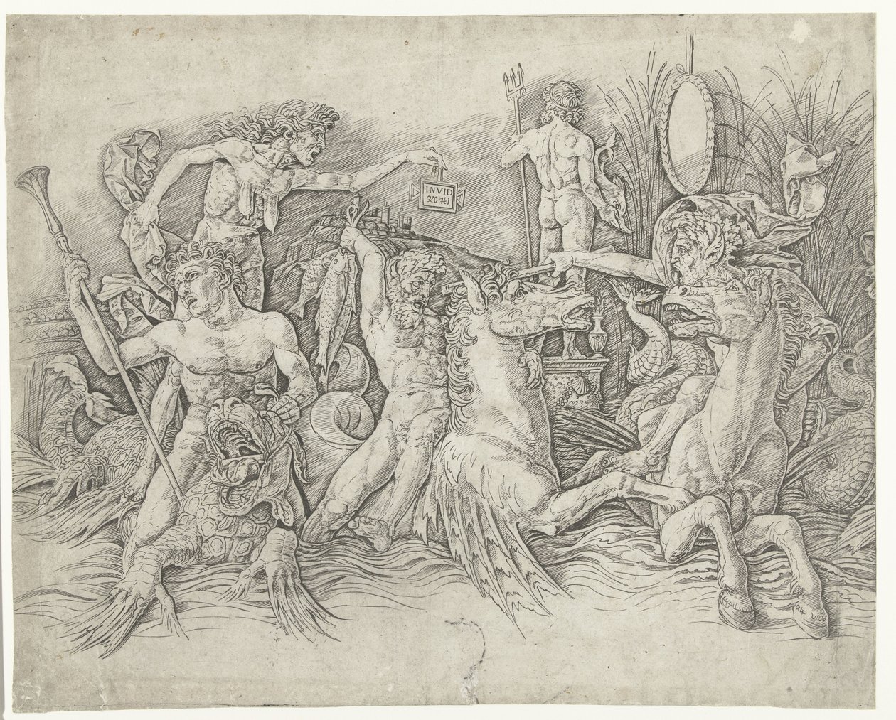 Kampf zwischen Satyrn auf Hippokampen und alter Frau als Personifikation des Neids auf dem Rücken eines Drachen von Andrea Mantegna