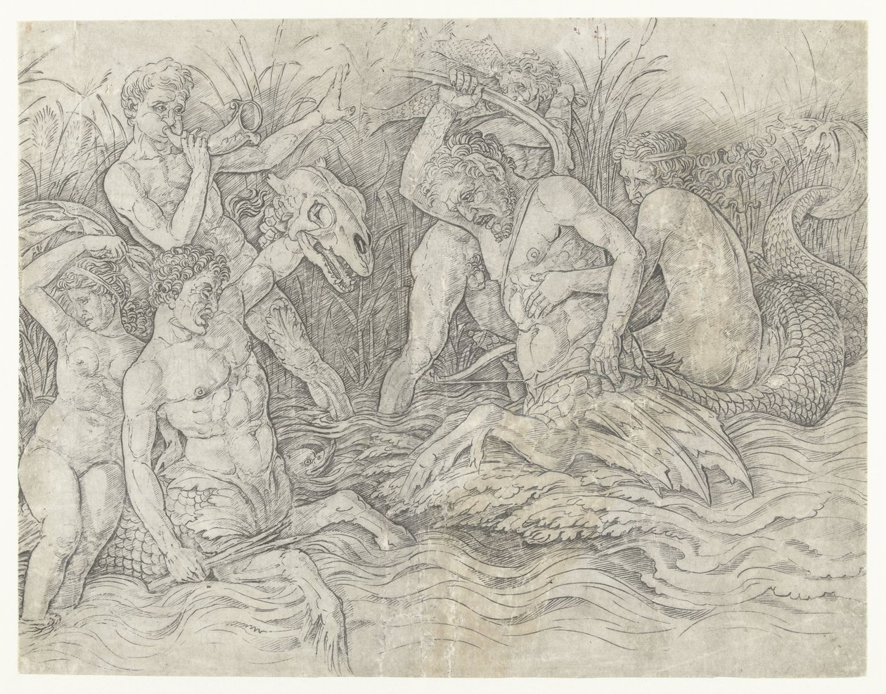 Kampf zwischen Tritonen mit Nereiden auf ihrem Rücken von Andrea Mantegna