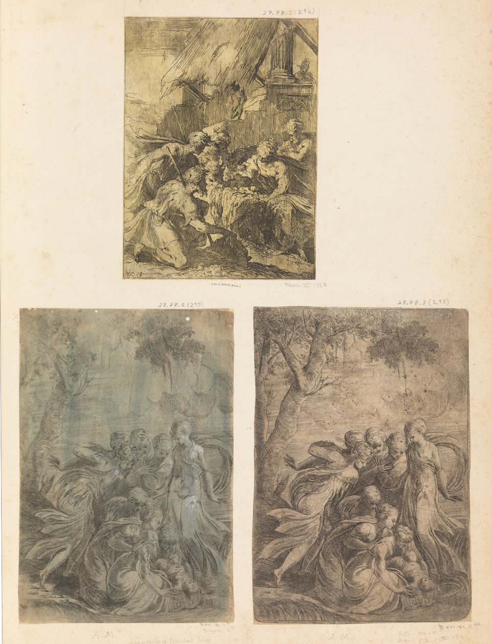 Anbetung der Hirten, Moses aus dem Nil gerettet, ca. 1540-44 von Andrea Schiavone