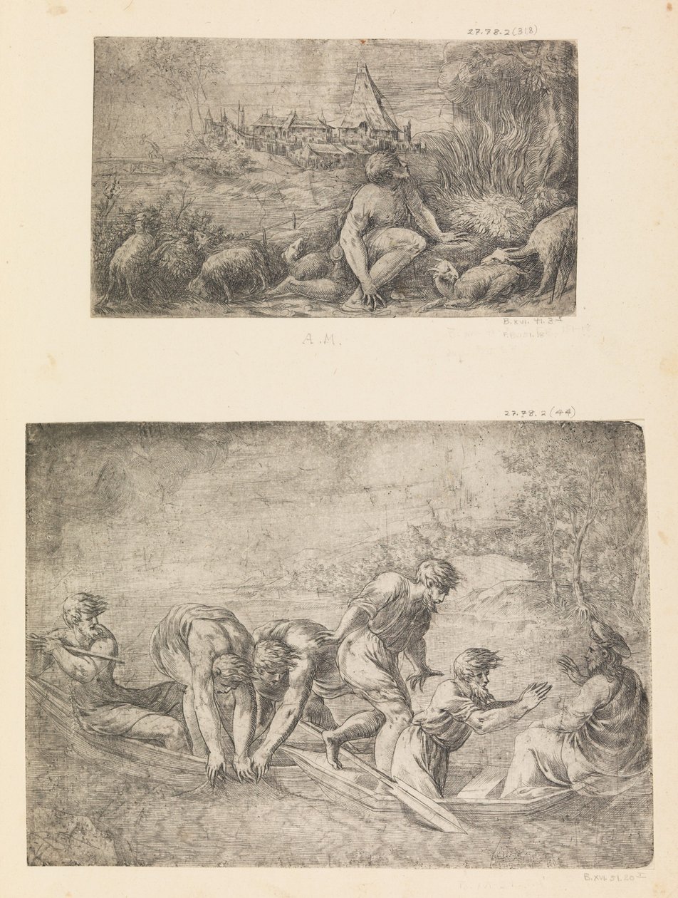 Moses und der brennende Dornbusch, der wunderbare Fischfang, ca. 1544-48 von Andrea Schiavone