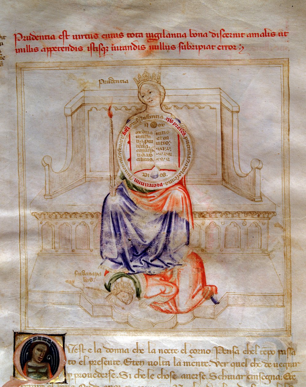 Allegorie der Klugheit in „Chansonne des sept Vertus et des sept Arts liberales destinee a Bruzio Visconti“ (La Canzone delle Virtu e delle Scienze) von Bartolomeo di Bartoli. Aquarell von Andrea di Bartoli (aktiv zwischen 1358 und 1368) von Andrea de Bartoli