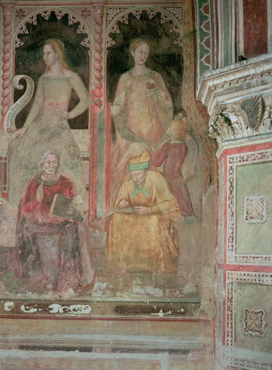 Die kämpfende und triumphierende Kirche, im spanischen Kapellendetail von Rhetorik, Cicero, Grammatik und Aelius Donatus von Andrea di Bonaiuto (fl.1343 77)