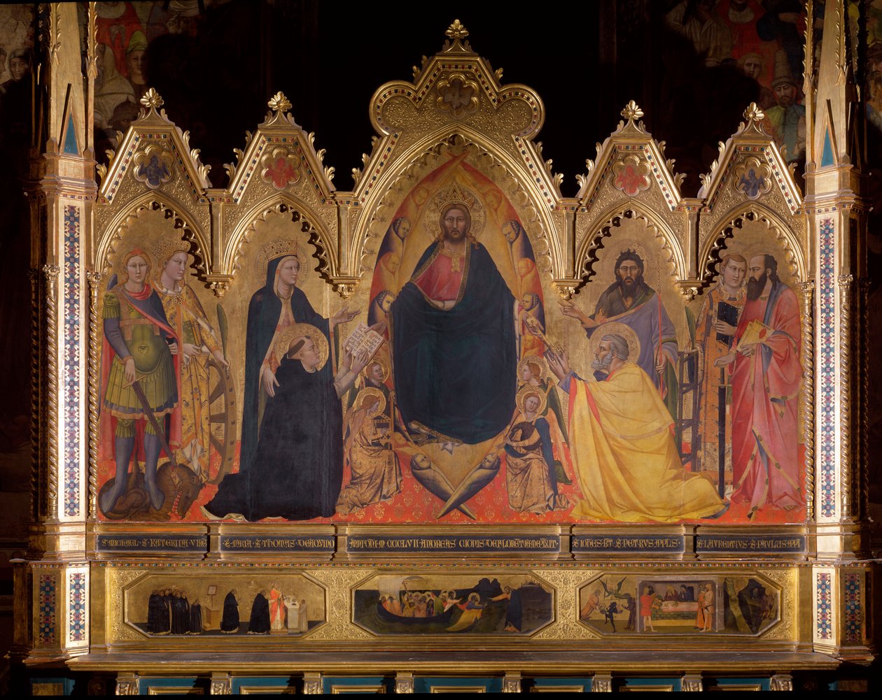 Maestà, Jesus auf dem Thron mit St. Michael, Maria und St. Thomas von Aquin, St. Johannes der Täufer, St. Peter, St. Laurentius und St. Paulus von Andrea di Cione Orcagna