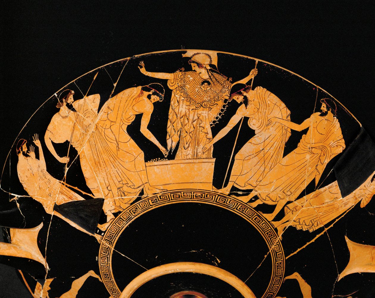 Zu Füßen der Göttin Athena ziehen zwei griechische Krieger Lose um die Waffen und Rüstungen des gefallenen Achilles von Andreas Schelfhout