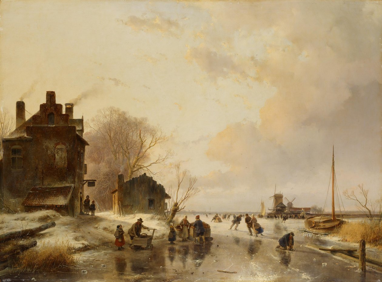 Ein Bauernwirtshaus und eine Scheune an einem zugefrorenen Fluss von Andreas Schelfhout