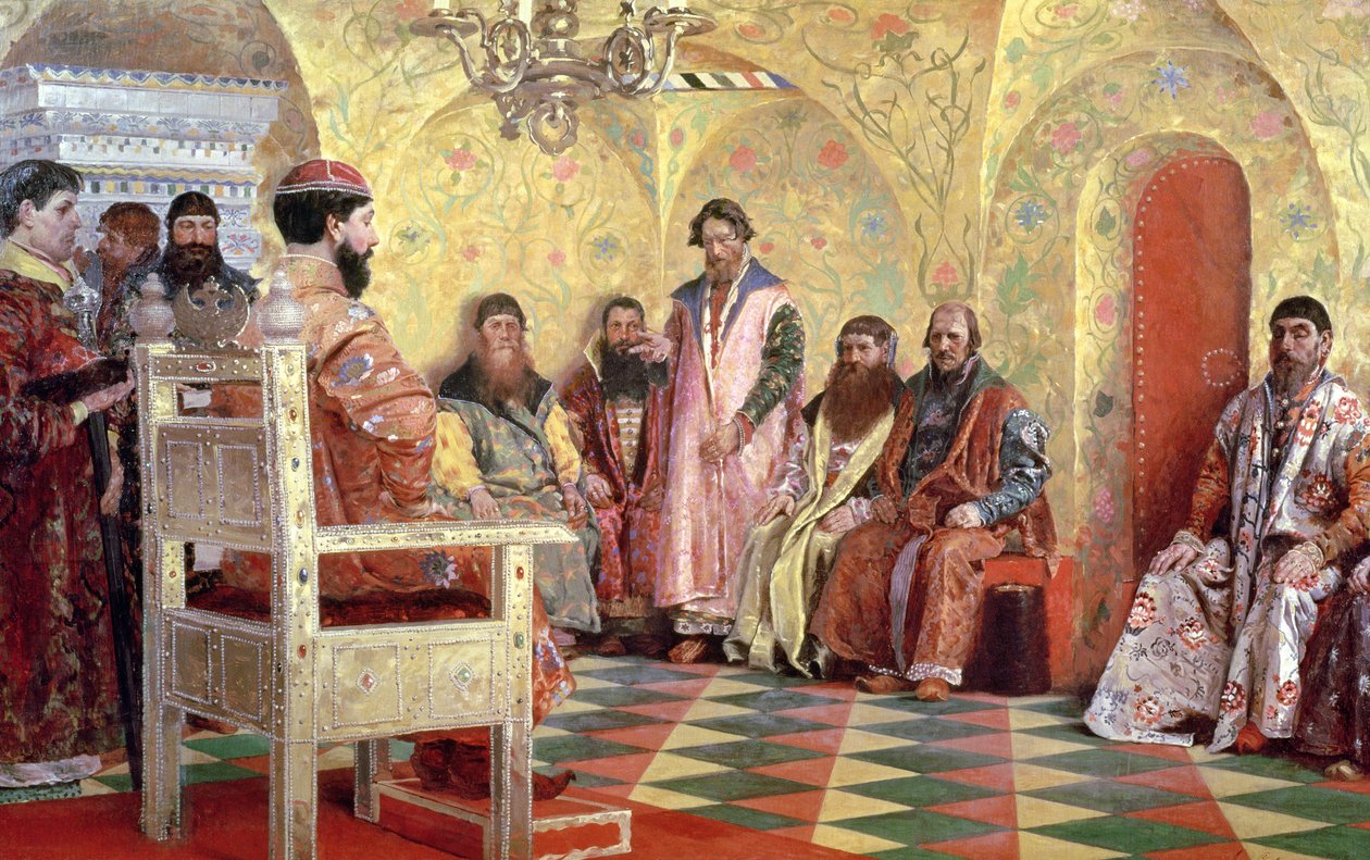 Zar Michail Fjodorowitsch (1596-1645) mit Bojaren in seinem Zimmer sitzend, 1893 von Andrei Petrovich Ryabushkin