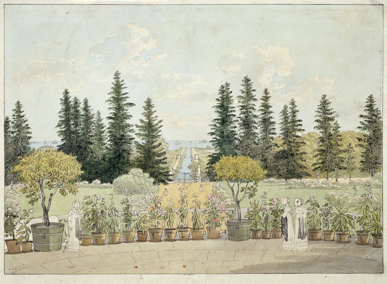 Ansicht von der Terrasse des Oranienbaum-Palastes in Lomonossow von Andrei Yefimovich Martynov