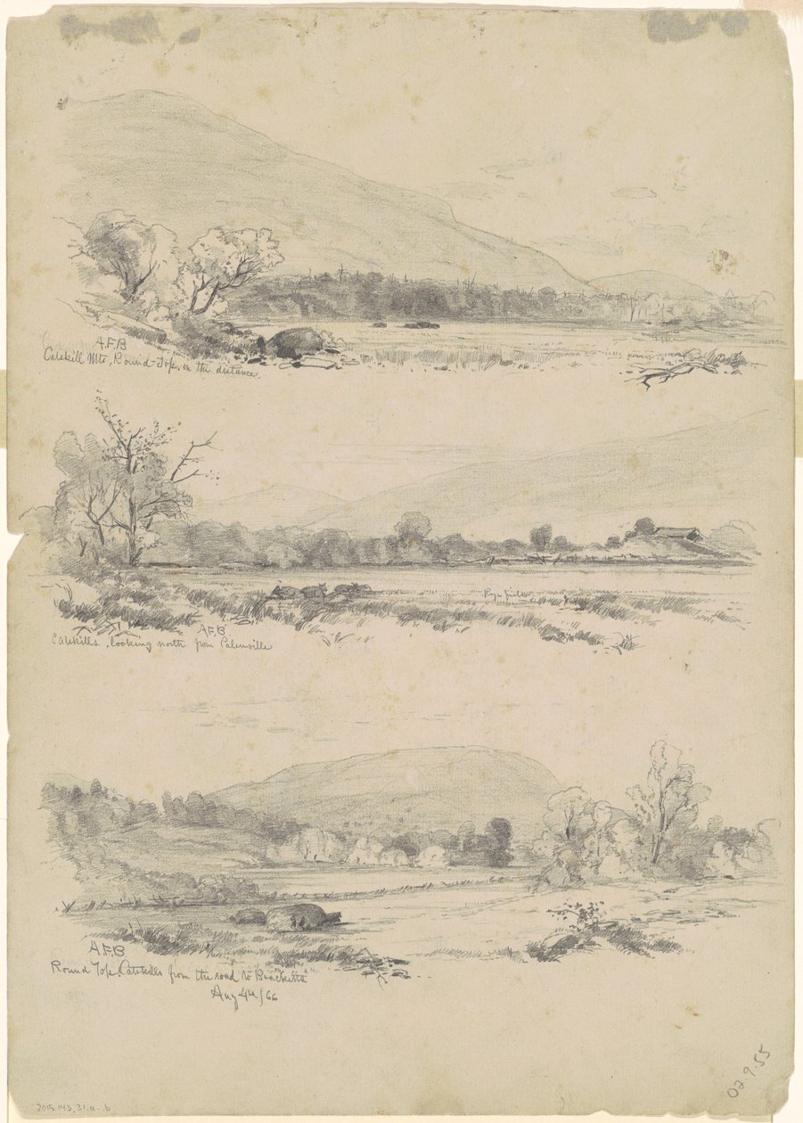 Catskill Mountains, Round-Top in der Ferne; Catskills Blick nach Norden von Palenville; und Round Top, Catskills, von der Straße nach Bracketts (verso) von Andrew Fisher Bunner