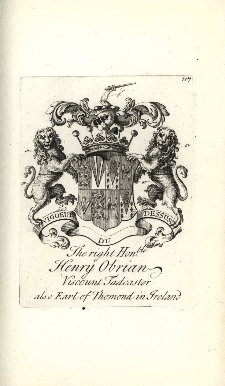 Wappen und Wappenschild des ehrenwerten Henry O’Brien, Viscount Tadcaster, 8. Earl of Thomond in Irland von Andrew Johnston