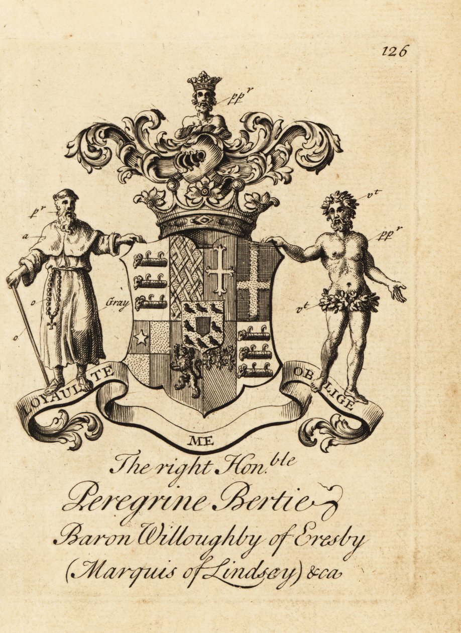 Wappen des hochverehrten Peregrine Bertie, Baron Willoughby of Eresby, Marquis of Lindsay, 2. Duke of Ancaster and Kesteven von Andrew Johnston