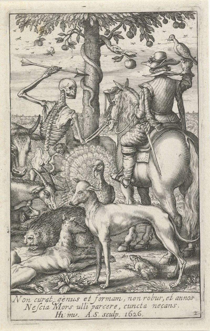 Skelett mit Pfeil und Falkner, umgeben von Tieren von Andries Jacobsz. Stock